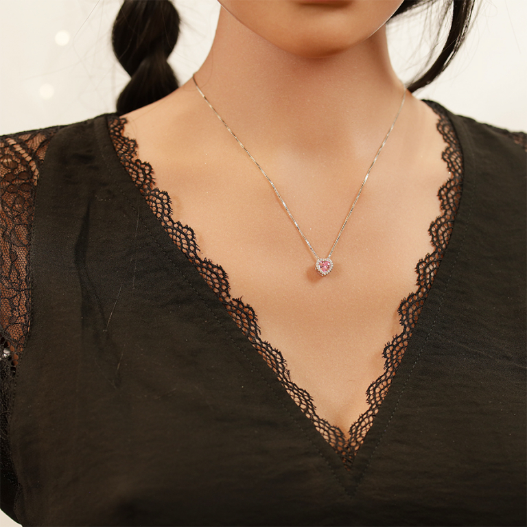 Collier en argent rhodi avec pendentif coeur oxyde rose et contour oxydes blancs sertis 42+3cm - Vue 20