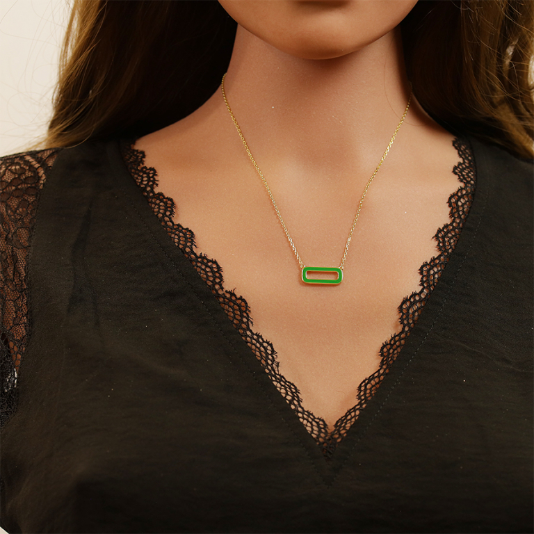 Collier en argent dor chane avec pendentif rectangulaire couleur verte 42+3cm - Vue 20