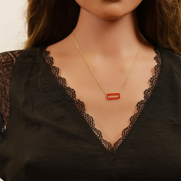 Collier en argent dor chane avec pendentif rectangulaire couleur rouge 42+3cm - Vue 20