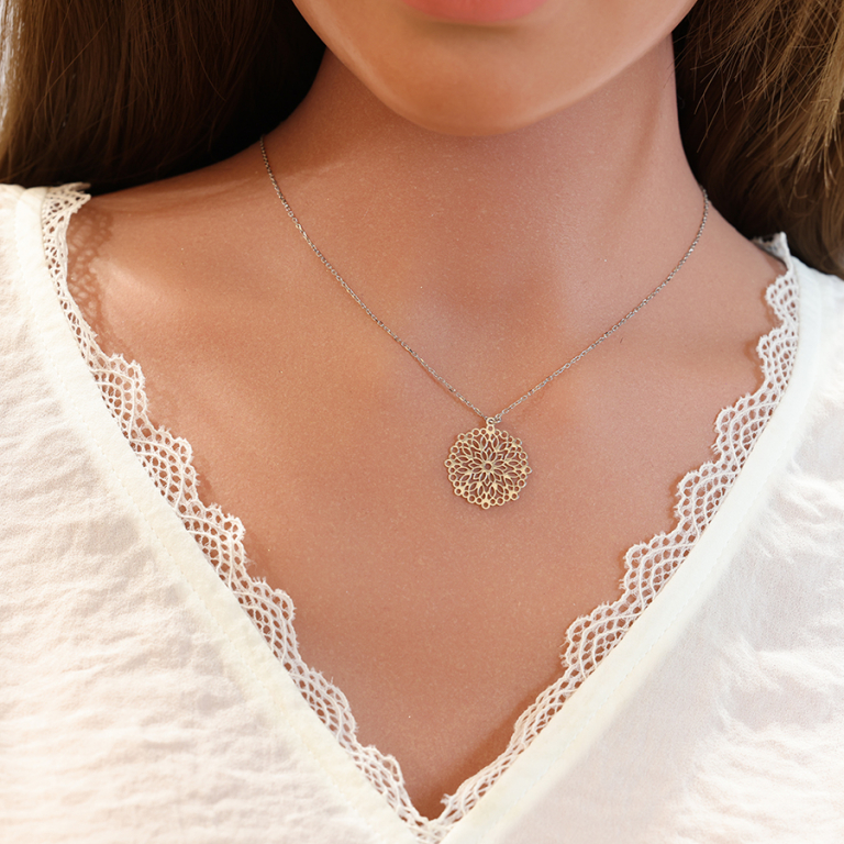 Collier en argent rhodi chane avec pendentif mandala ajour 23mm 40+5cm - Vue 20