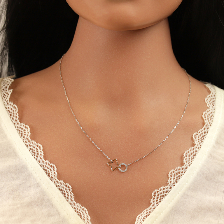 Collier en argent bicolore fleur decoup�e lisse et cercle avec oxydes blancs sertis - 40+4cm - Vue 20