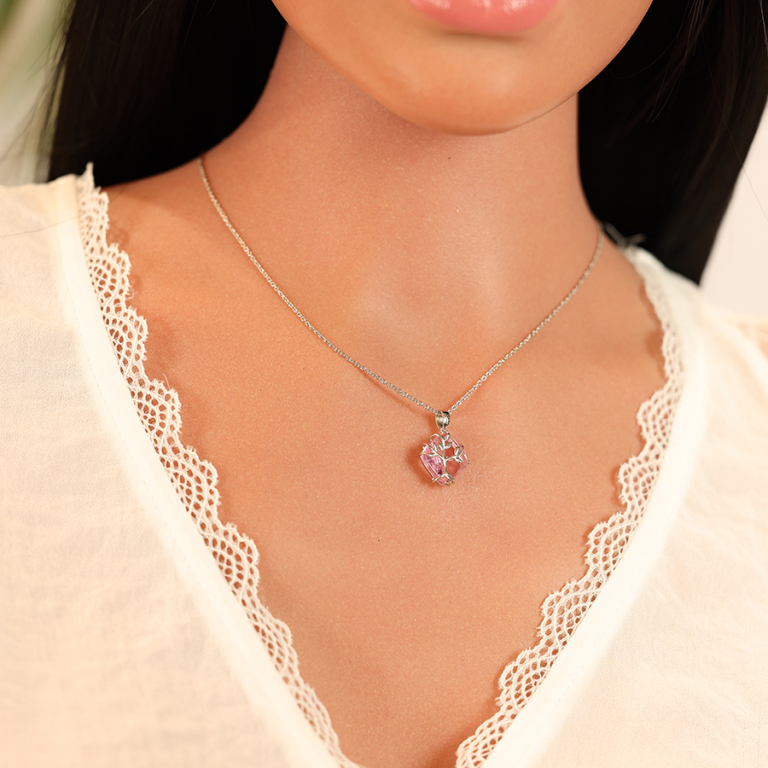 Collier en argent platin chane avec pendentif oxyde rose motif arbre de vie 42+3cm - Vue 20