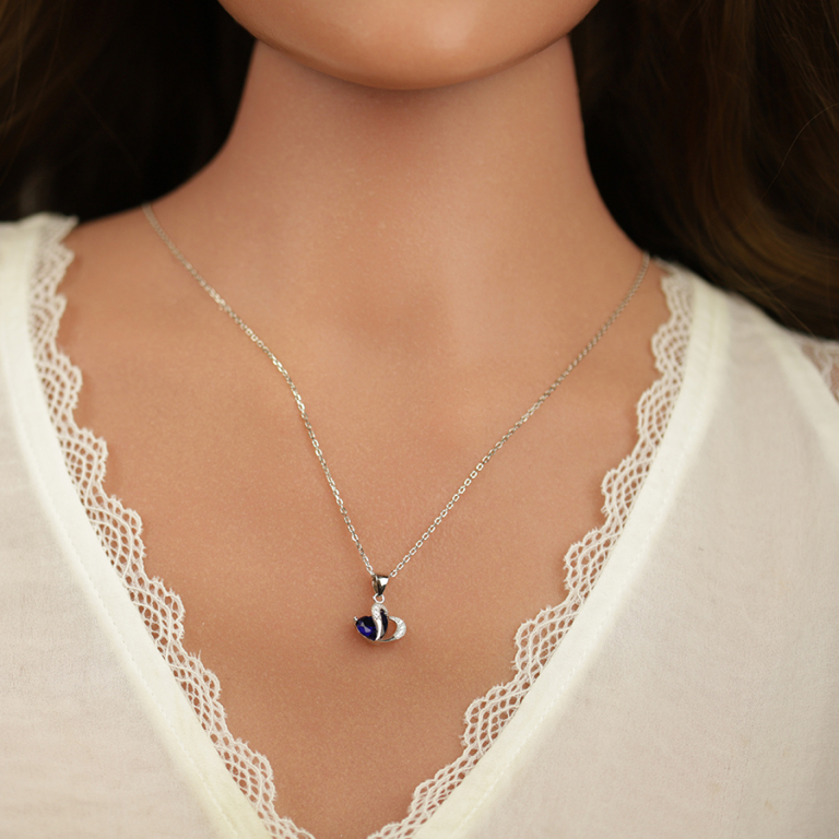 Collier en argent rhodié pendentif double coeur oxyde bleu et blancs - 40+3cm - Vue 20