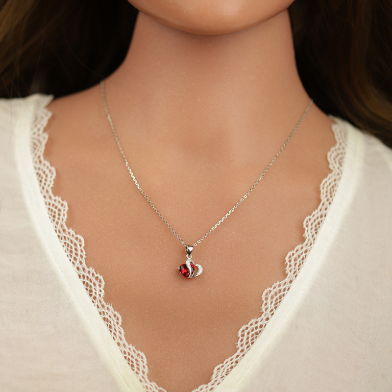 Collier en argent rhodié pendentif double coeur oxyde rouge et blancs - 40+3cm - Vue 20