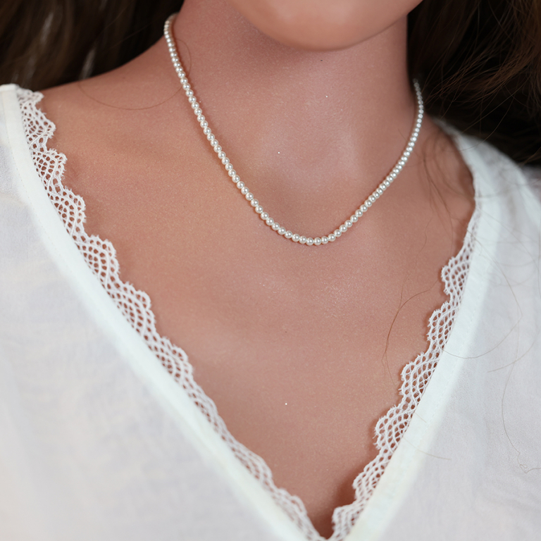 Collier en argent rhodi perles 3mm blanche de synthse longueur 38+4cm - Vue 20