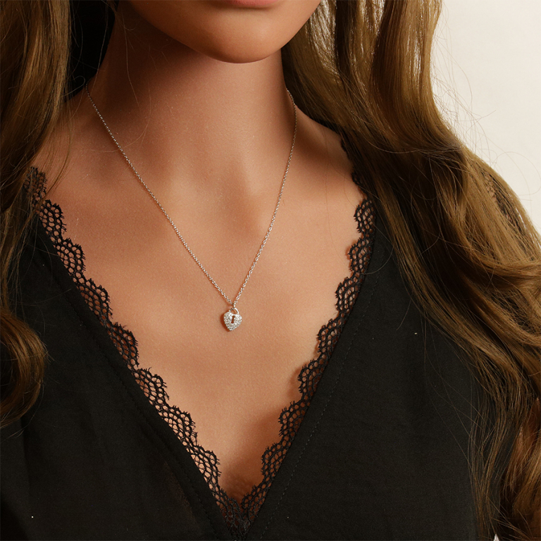 Collier en argent rhodi chane avec pendentif cadenas coeur pav oxydes blancs 42+3cm - Vue 20