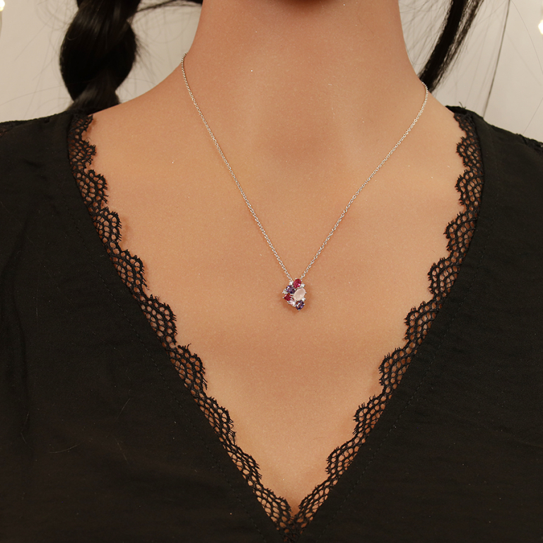 Collier en argent rhodi chane avec pendentif gomtrie oxydes roses et violets 42+3cm - Vue 20