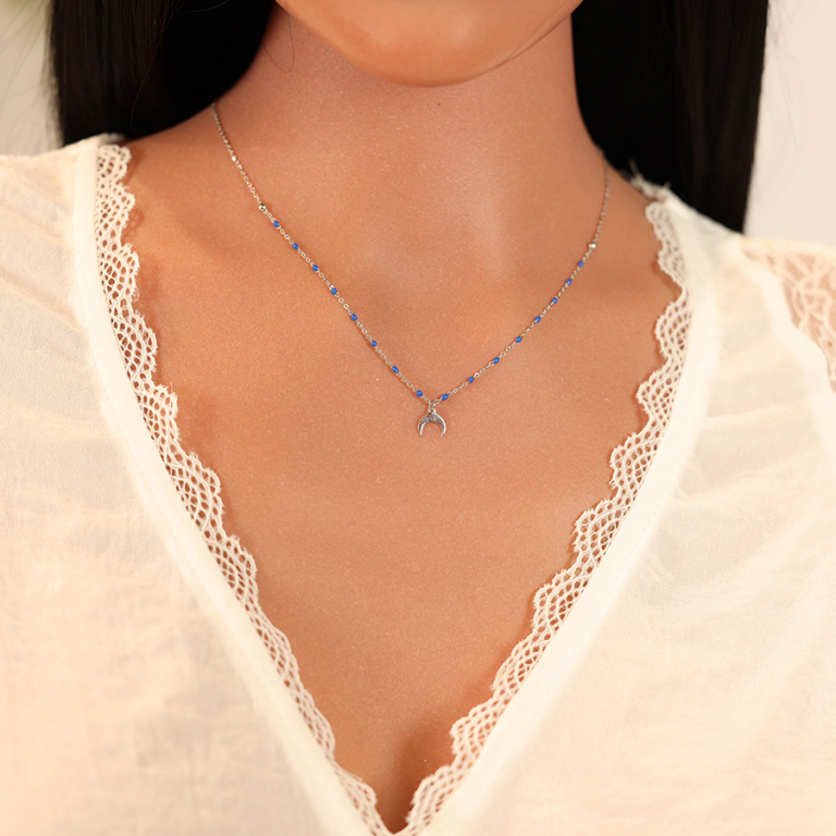 Collier en argent rhodi chane avec boules couleur bleu fonc avec pendentif demi lune 40+5cm - Vue 20