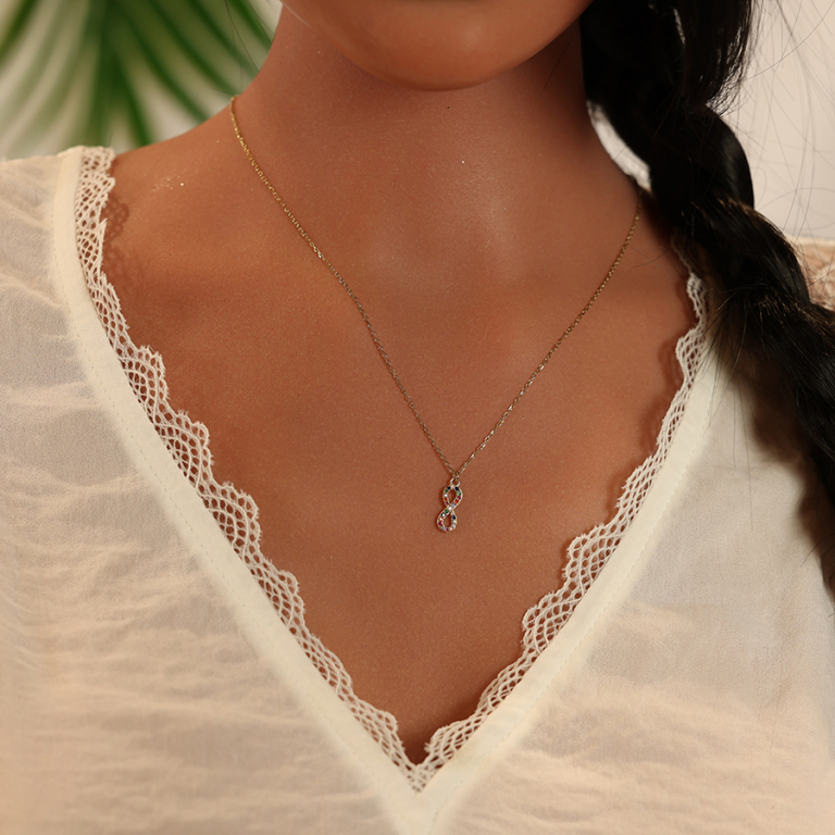 Collier en argent et dorure jaune chaîne avec pendentif infini empierrés et pampilles boules multi couleurs et 40+5cm - Vue 20
