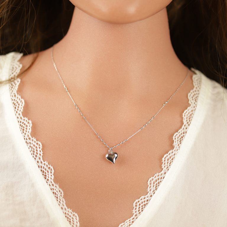 Collier en argent rhodié chaîne avec boules avec pendentif coeur bombé 42+3cm - Vue 20