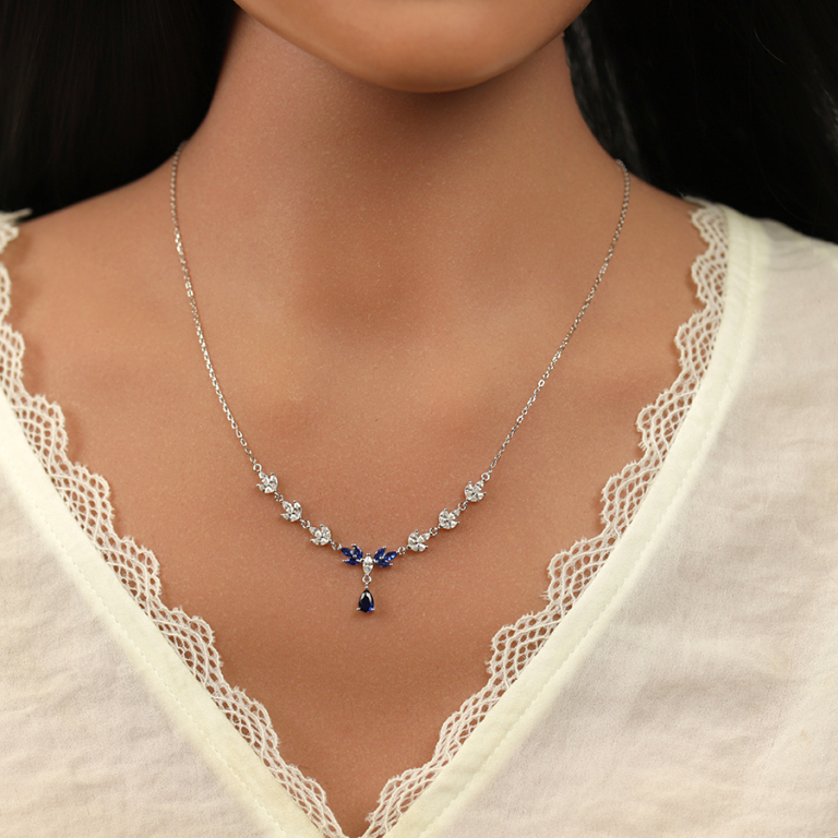 Collier en argent rhodi� avec oxydes bleu et blanc - 42+3cm - Vue 20