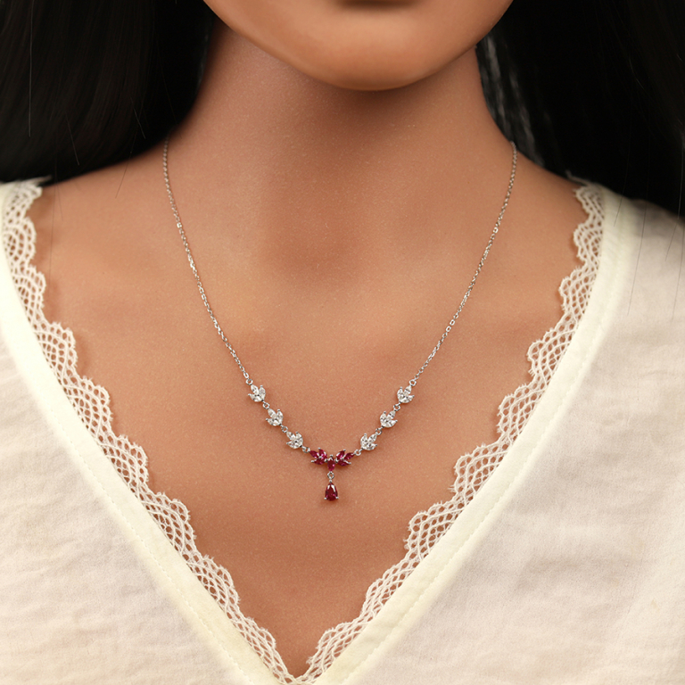 Collier en argent rhodi� avec oxydes rouge et blanc - 42+3cm - Vue 20