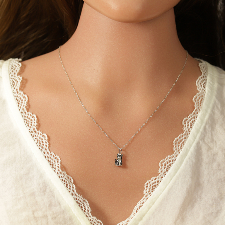 Collier en argent rhodi pendentif chat avec oxydes noirs et blancs - 38+5cm - Vue 20