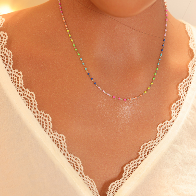 Collier en argent rhodi range d\'oxydes multicolores dgrad rose  vert arc-en-ciel longueur 40+5cm - Vue 20