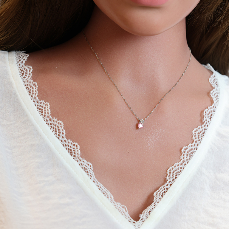 Collier en argent rhodi chane avec pendentif coeur avec oxyde rose et blanc longueur 40+4cm - Vue 20