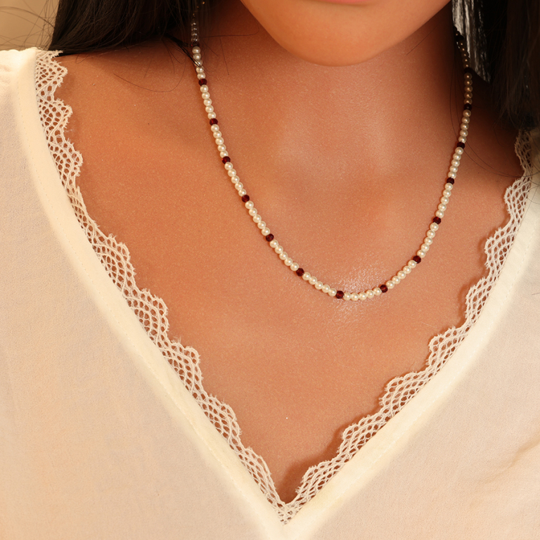 Bracelet en argent rhodi range perles 3mm blanche de synthse et perles rouges longueur 38+4cm - Vue 20