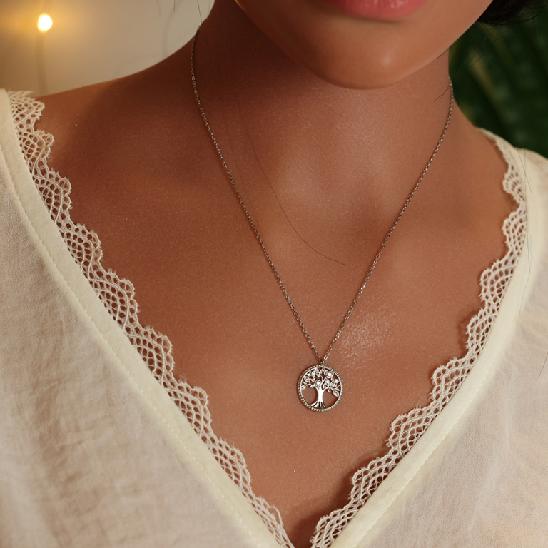 Collier en argent rhodi chane avec pendentif motif arbre de vie contour perl et oxydes blancs 42+3cm - Vue 20