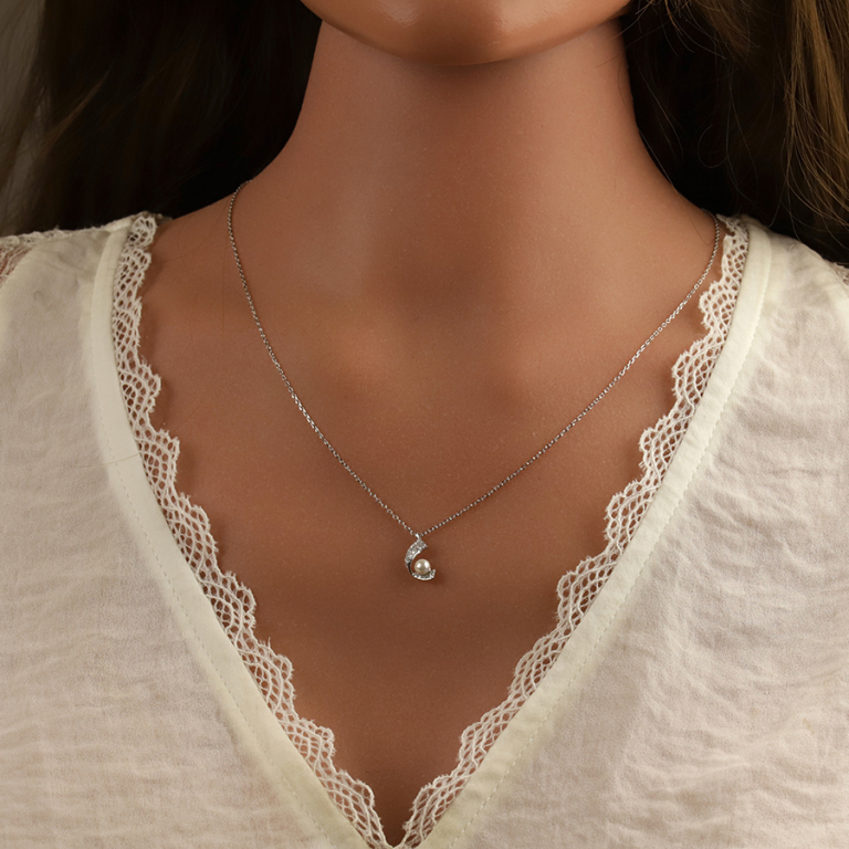 Collier en argent rhodié pendentif avec perle blanche imitation 39+4cm - Vue 20