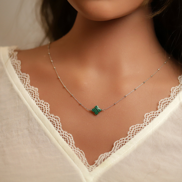 Collier en argent rhodi chane boules et trfle en verre facet vert fonc 38+5cm - Vue 20