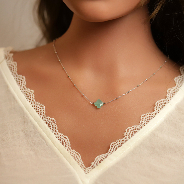 Collier en argent rhodié chaîne boules et trèfle en verre faceté vert clair 38+5cm - Vue 20