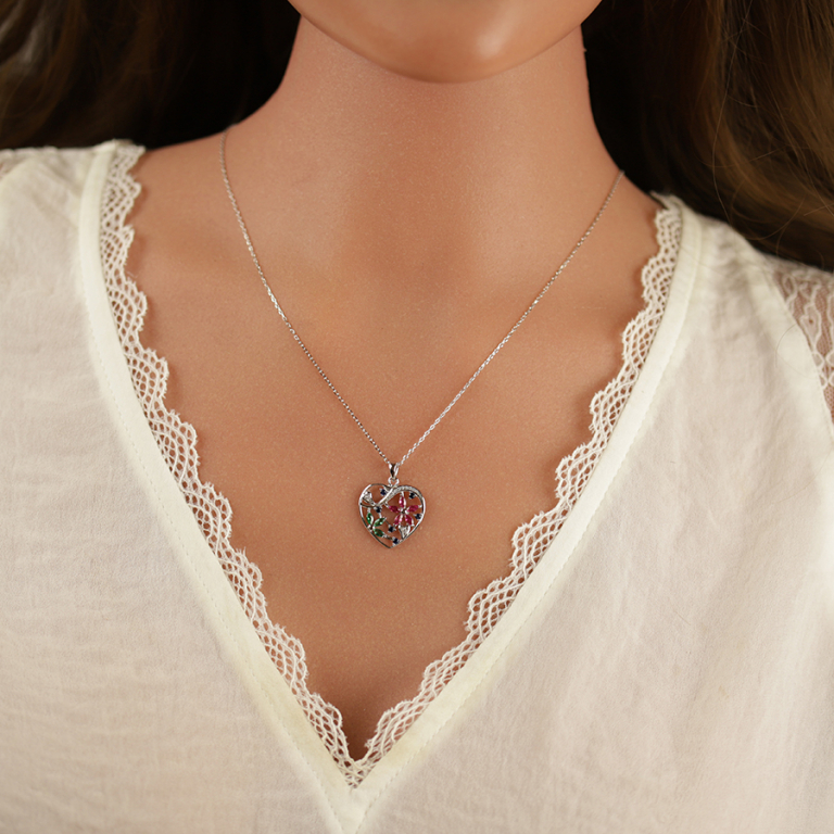 Collier en argent rhodié pendentif coeur avec fleurs oxydes multi couleurs - 40+5cm - Vue 20