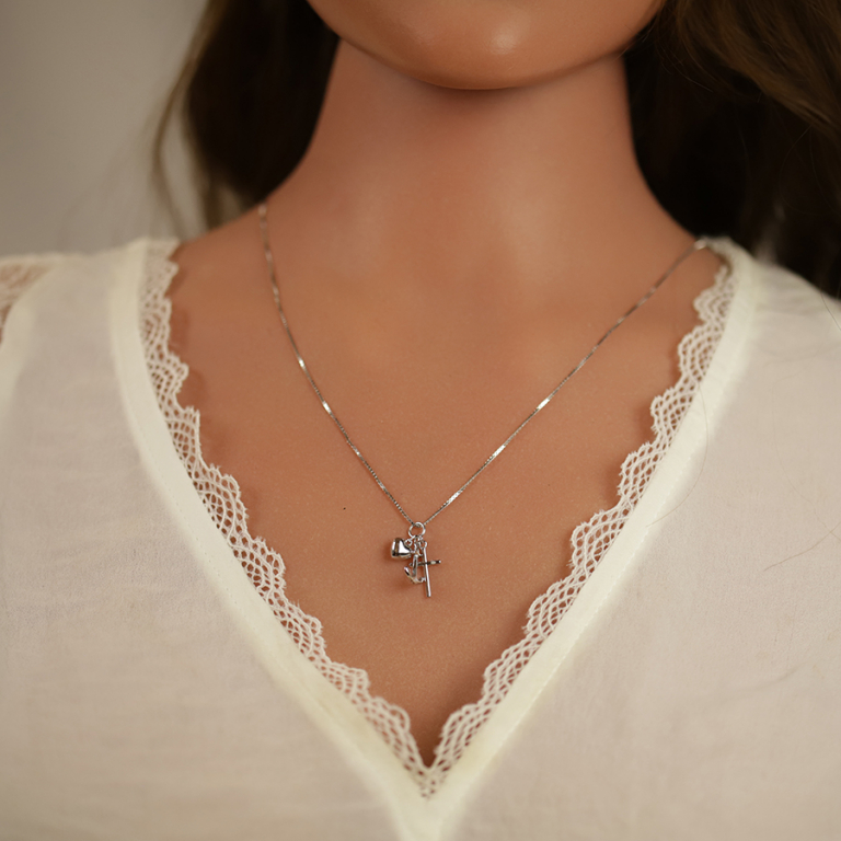 Collier en argent rhodié pendentif croix, ancre et coeur 42+3cm - Vue 20