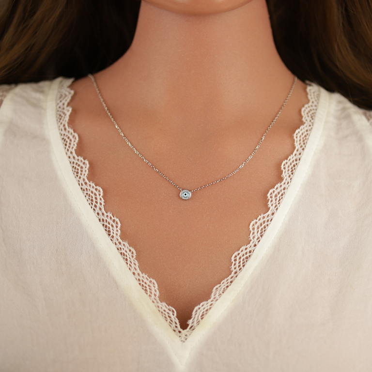 Collier en argent rhodié pendentif rond oeil de la chance avec oxydes blancs sertis - 40+4cm - Vue 20