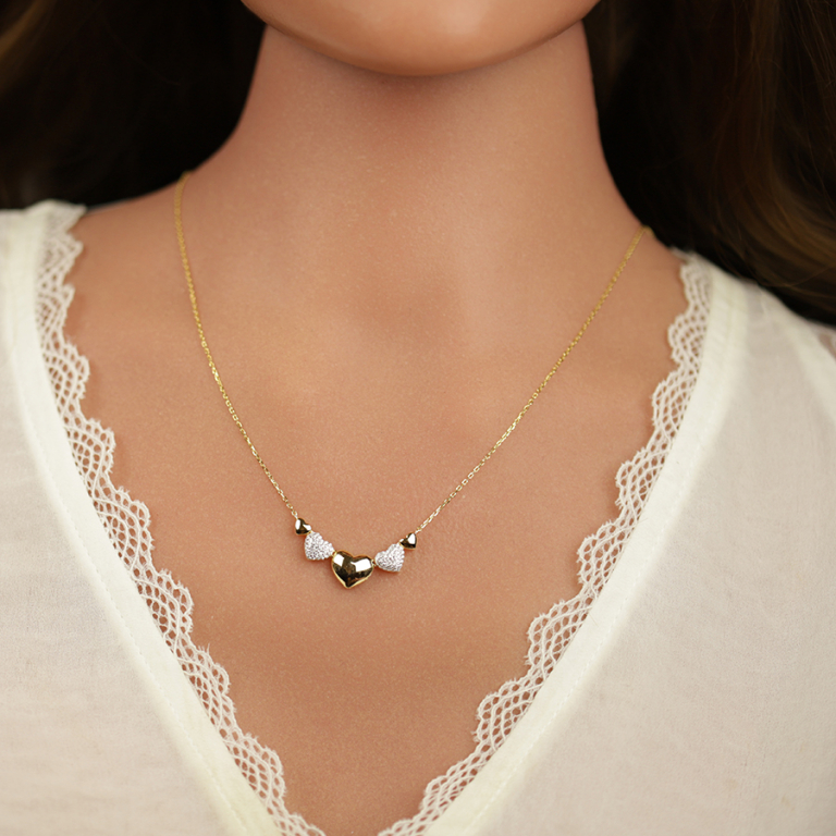 Collier en argent doré avec coeurs bombés lisses et oxydes blancs sertis - 38+5cm - Vue 20