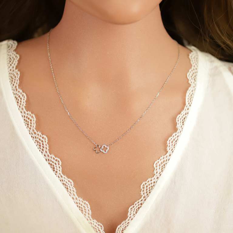 Collier en argent rhodié pendentif double fleur oyydes blancs sertis - 40+4cm - Vue 20