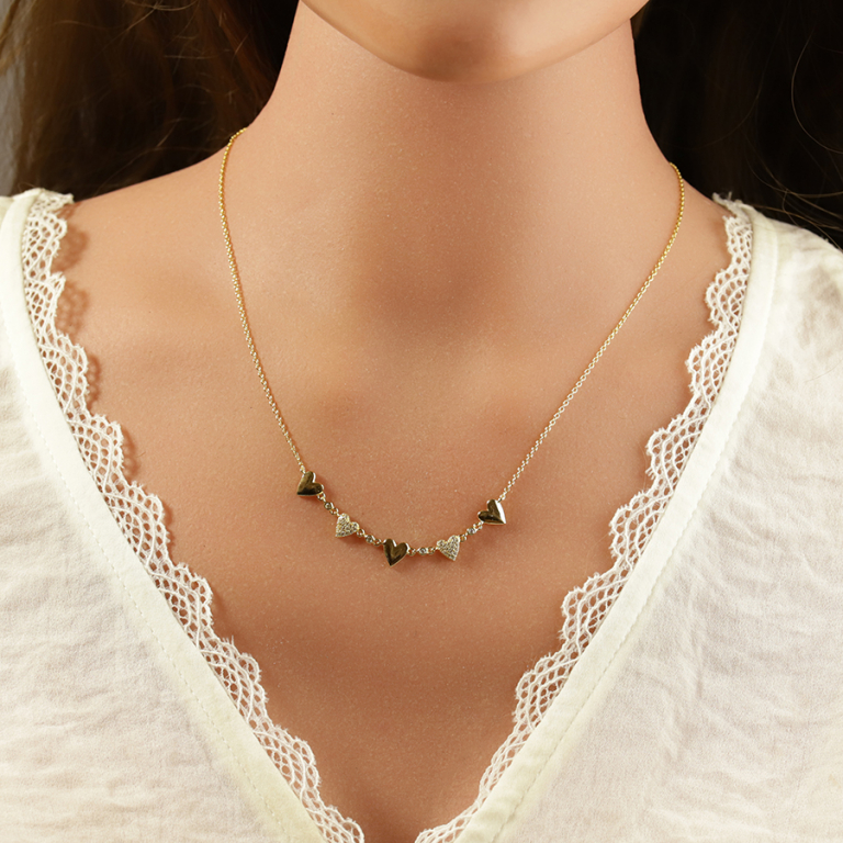 Collier en argent doré avec coeurs lisses et coeurs d\'oxydes blancs - 38+5cm - Vue 20