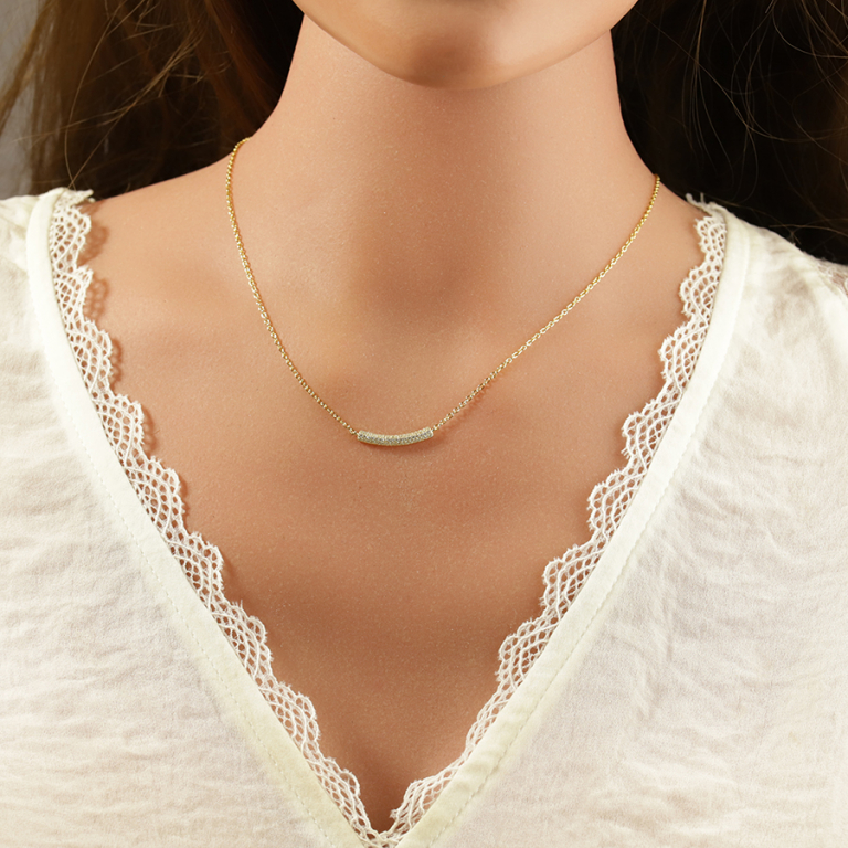Collier en argent doré avec barre incurvée pavé d\'oxydes blancs - 38+5cm - Vue 20