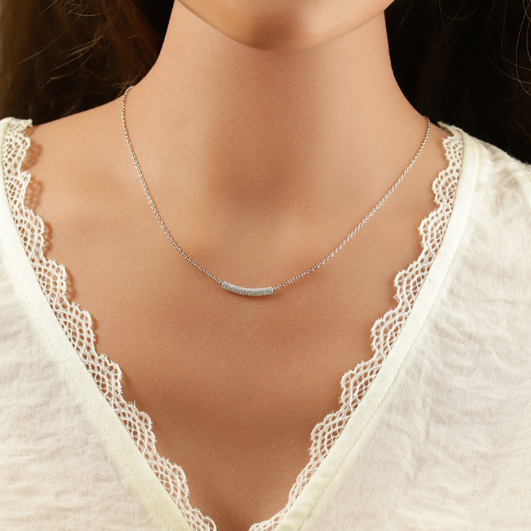Collier en argent rhodié barre incurvée pavé d\'oxydes blancs - 42+3cm - Vue 20