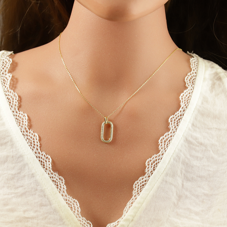 Collier en argent dor pendant rectangulaire pav d\'oxydes blancs - 38+5cm - Vue 20