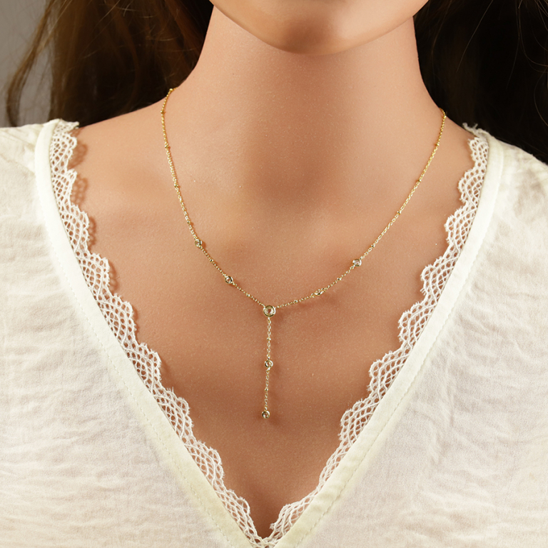 Collier en argent doré forme cravate oxydes blancs - 38+5cm - Vue 20