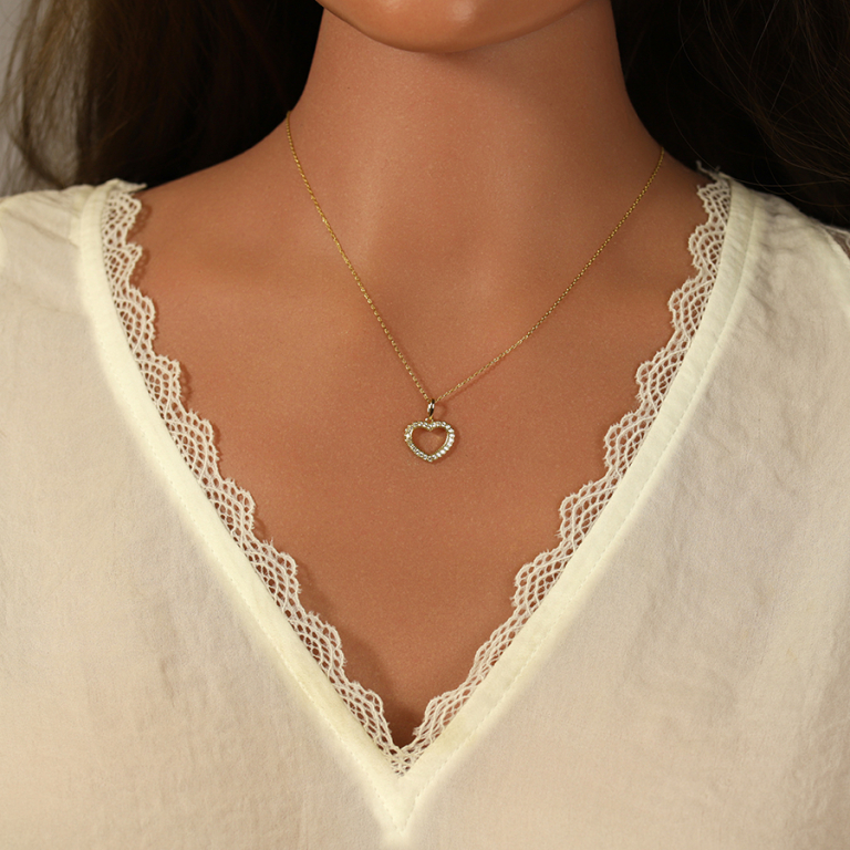 Collier en argent dor coeur avec contour d\'oxydes blancs - 38+5cm - Vue 20