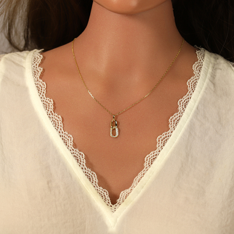 Collier en argent dor pendant 2 lments entremls 1 lisse et 1 avec contour d\'oxydes blancs - Vue 20