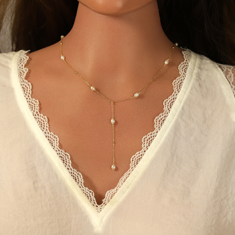 Collier en argent doré forme cravate avec perles de culture d\'eau douce - 38+5cm - Vue 20