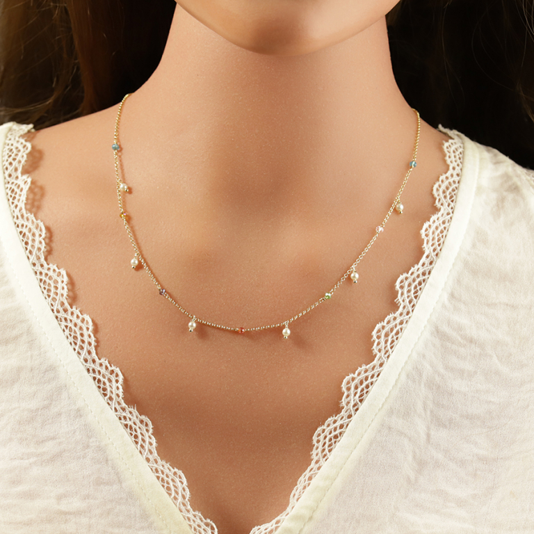 Collier en argent doré avec pampille multi couleurs - 40+5cm - Vue 20