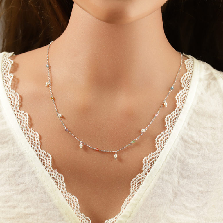 Collier en argent rhodi avec pampille multi couleurs - 40+5cm - Vue 20