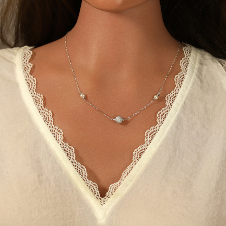 Collier en argent rhodié boule givrée et perles blanches - 38+5cm - Vue 20