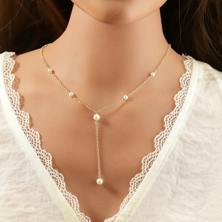 Collier en argent doré forme cravate perles blanches imitation _ 38+5cm - Vue 20
