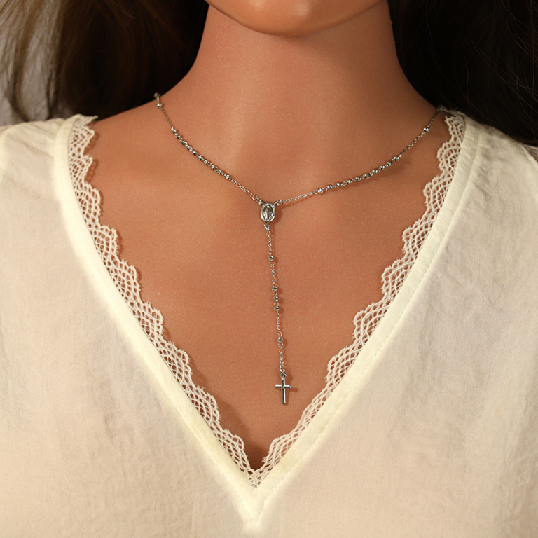 Collier en argent rhodié chapelet boules diamantées - 45+5cm - Vue 20