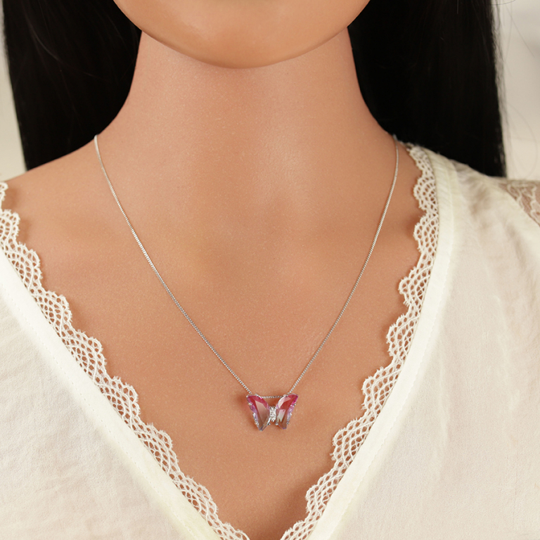 Collier en argent rhodi papillon 20x15mm verre dgrad rose et orn d\'oxydes blancs sertis - 42+3cm - Vue 20