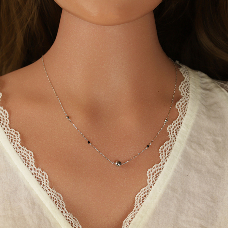 Collier en argent rhodi boules et verre facet noir - 41+3cm - Vue 20