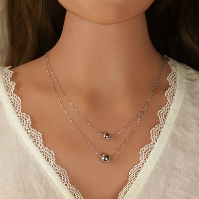 Collier en argent rhodi� deux rangs deux  boules 8 et 10mm - 41+3cm - Vue 20