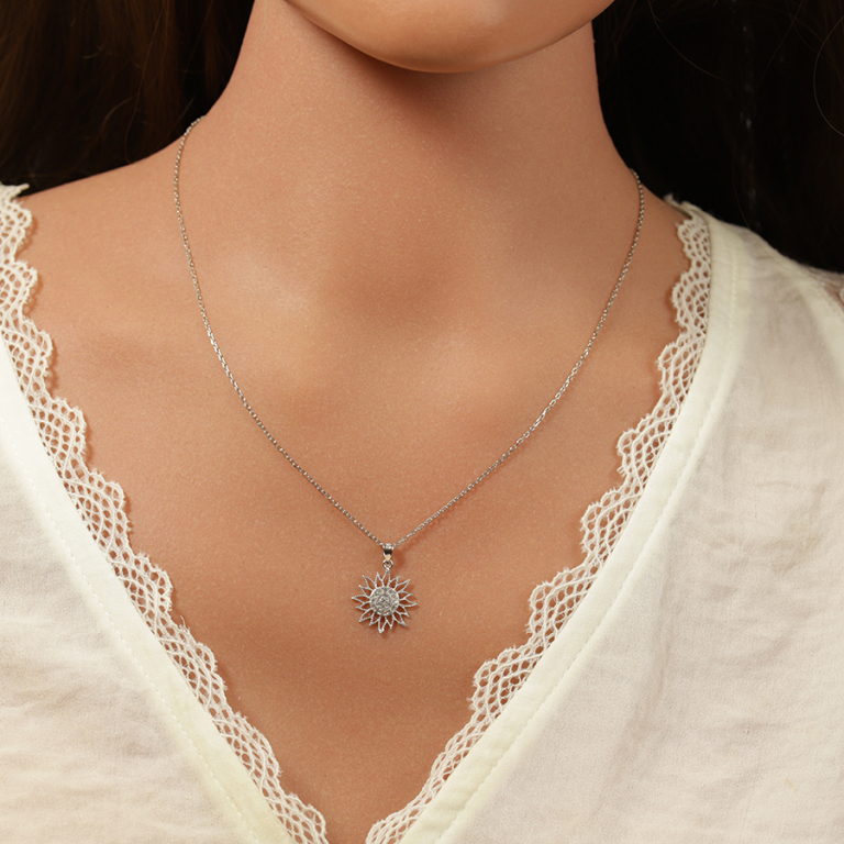 Collier en argent rhodi pendentif soleil 15mm oxydes blancs au centre - 40+5cm - Vue 20
