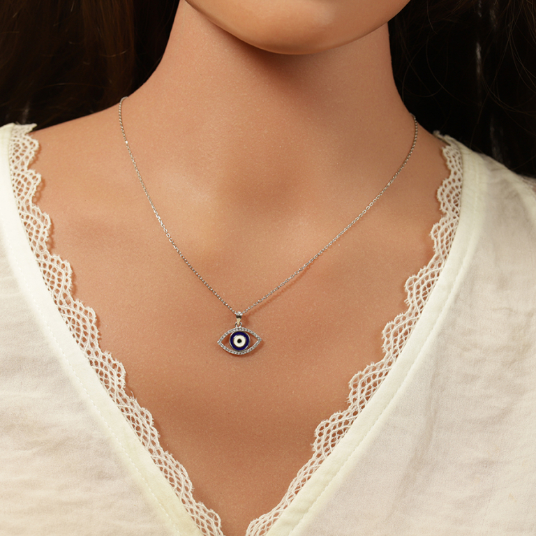 Collier en argent rhodié pendentif oeil de la chance contour orné d\'oxydes blancs - 40+5cm - Vue 20