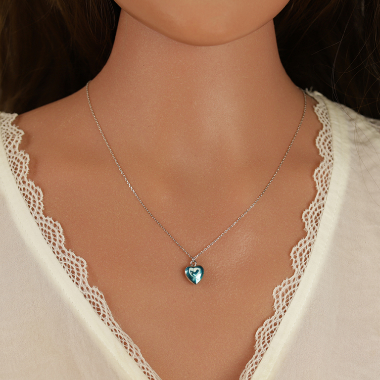 Collier en argent rhodi� pendentif coeur bomb� r�sine � chaud bleu ciel recto verso - 41+3cm - Vue 20