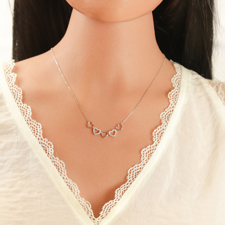 Collier en argent rhodi multi coeurs lisses et deux avec oxydes blancs sertis - 40+3cm - Vue 20