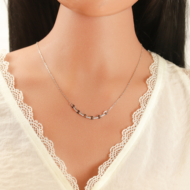 Collier en argent rhodi� grain de caf� avec oxydes blancs sertis - 40+3cm - Vue 20